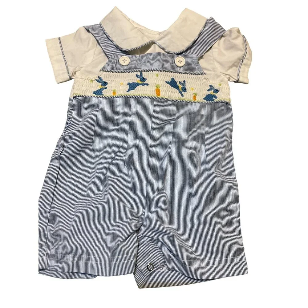 Baby Romper 6M Toffee Apple Blue/White Striped Outfit‎ With Bunny/Carrot vintage